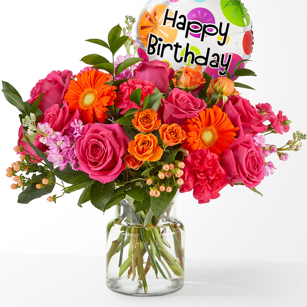 Fiesta Bouquet with Birthday Balloon – GOD'S GARDEN FLOWER SHOP, Lancaster CA