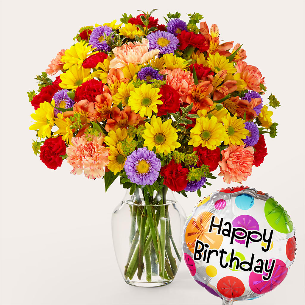 Kaleidoscope Bouquet with Birthday Balloon – GOD'S GARDEN FLOWER SHOP, Lancaster CA