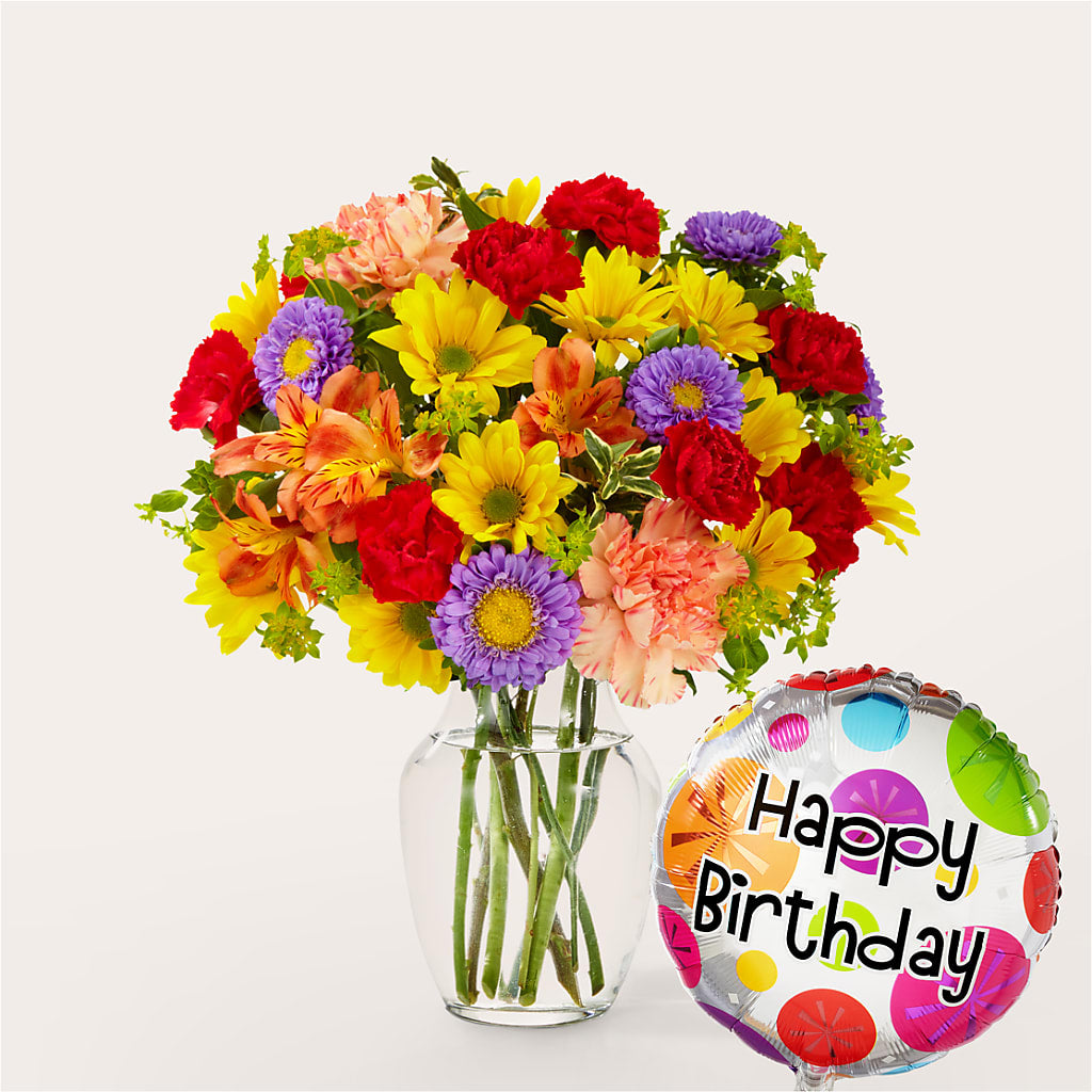 Kaleidoscope Bouquet with Birthday Balloon – GOD'S GARDEN FLOWER SHOP, Lancaster CA