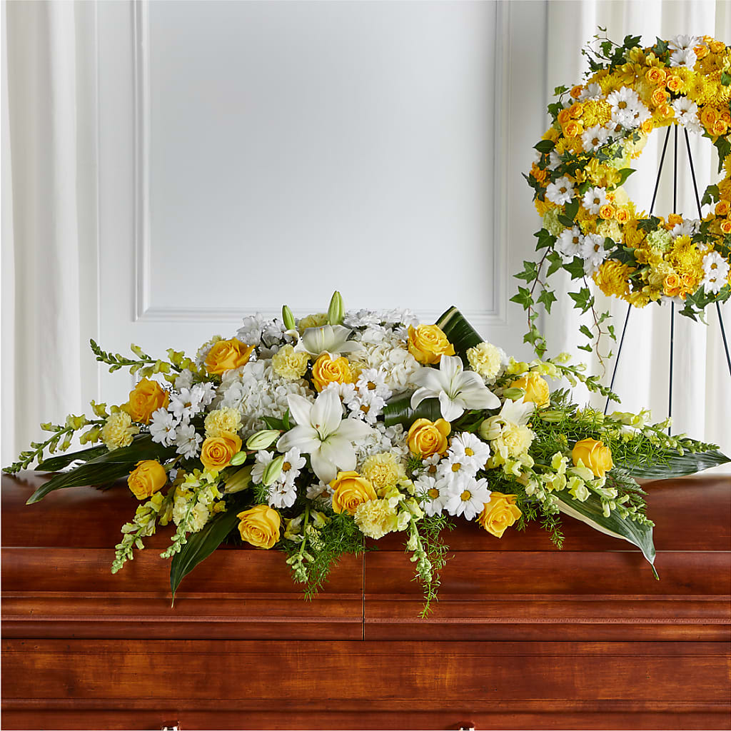 Golden Harmony Casket Spray – GOD'S GARDEN FLOWER SHOP, Lancaster CA