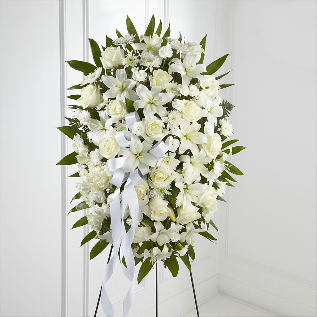 Exquisite Tribute Standing Spray-White Ribbon – GOD'S GARDEN FLOWER SHOP, Lancaster CA
