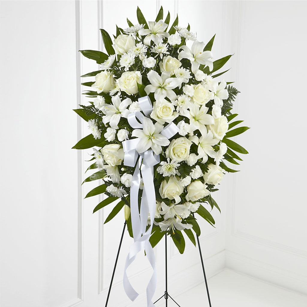 Exquisite Tribute Standing Spray-White Ribbon – GOD'S GARDEN FLOWER SHOP, Lancaster CA