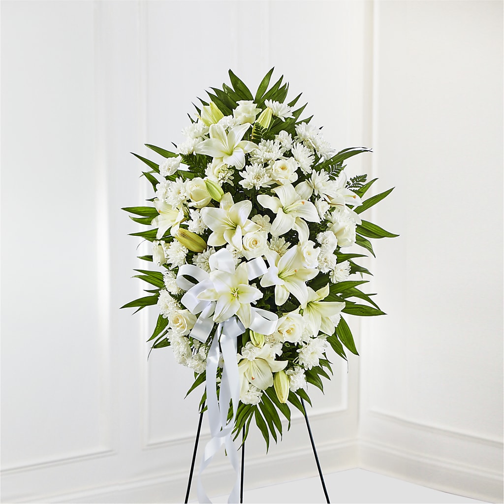 Exquisite Tribute Standing Spray-White Ribbon – GOD'S GARDEN FLOWER SHOP, Lancaster CA
