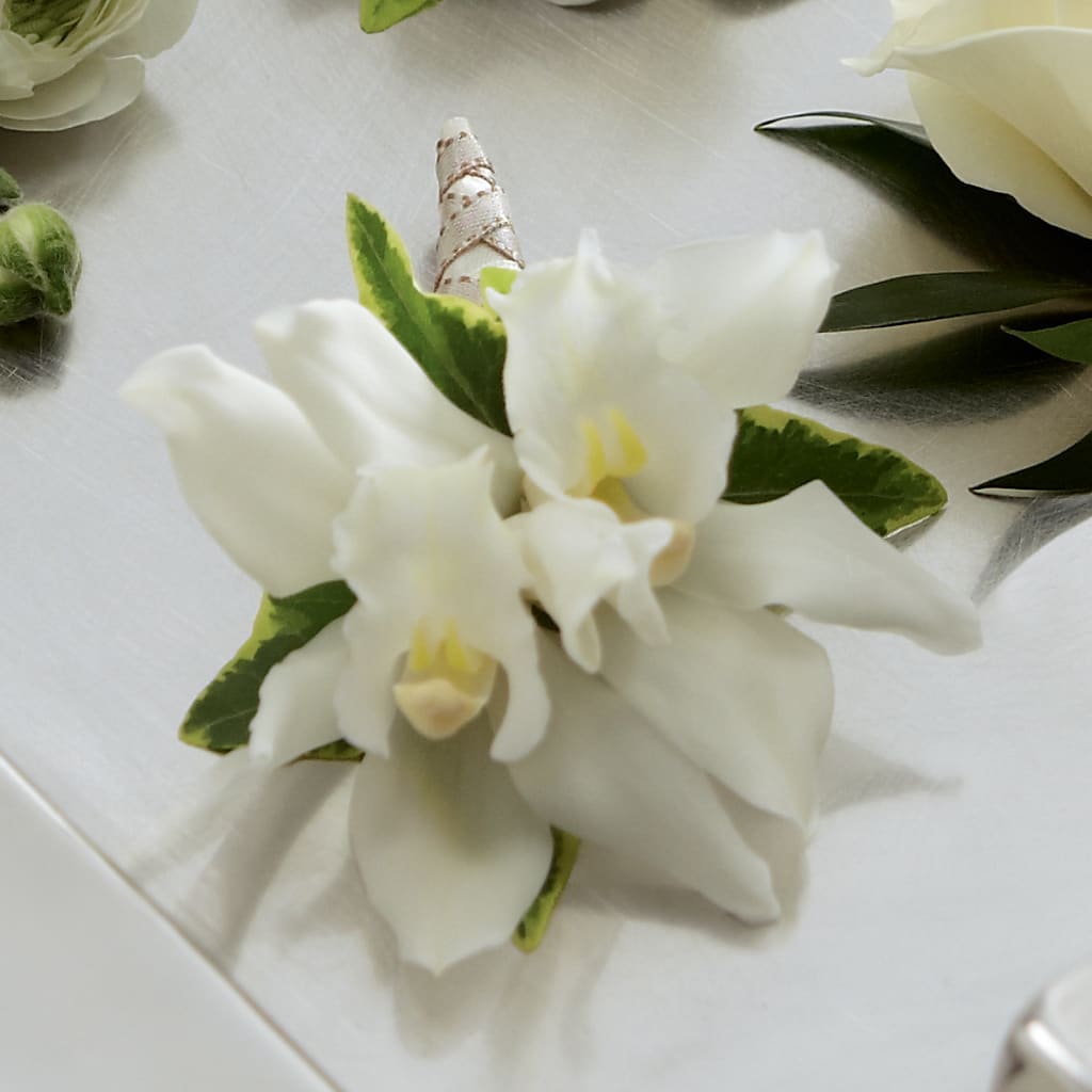 White Mini Cymbidium Boutonniere – GOD'S GARDEN FLOWER SHOP, Lancaster CA