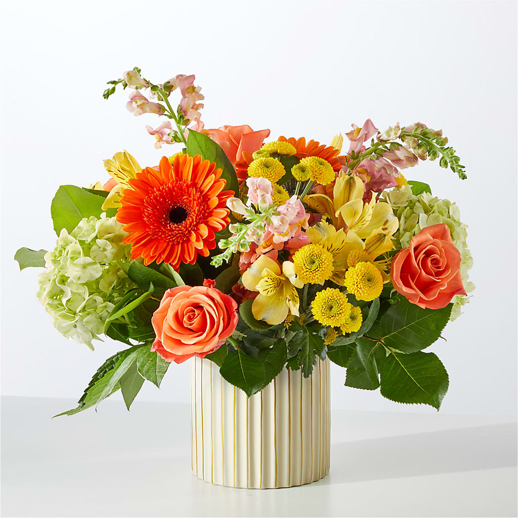Autumn Sunshine Bouquet with Ivory Vase – GOD'S GARDEN FLOWER SHOP, Lancaster CA